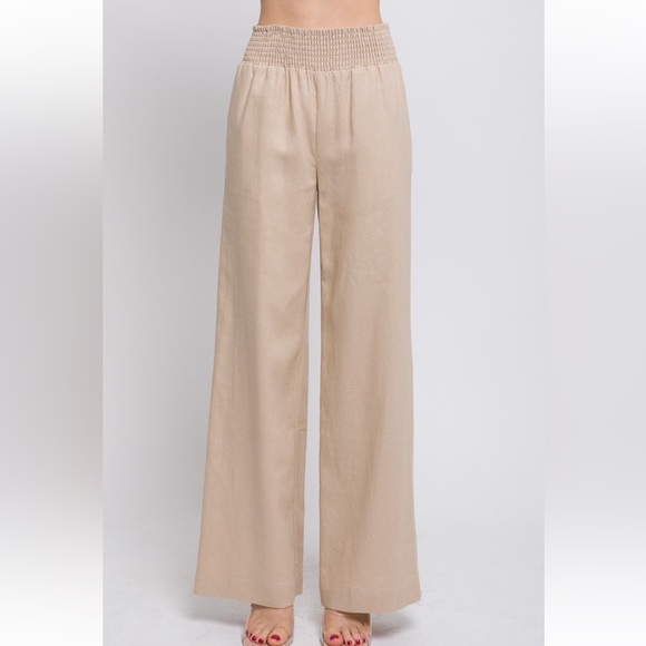 04 Linen Blend Smocked Waist Wide leg pant - Picture 3 of 4